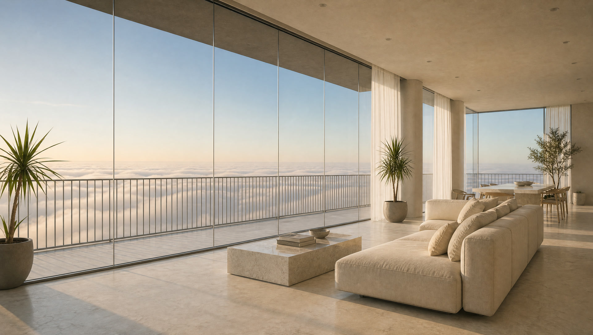 A four bedroom residence at plus one hundred and forty, morning light above a layer of cloud.