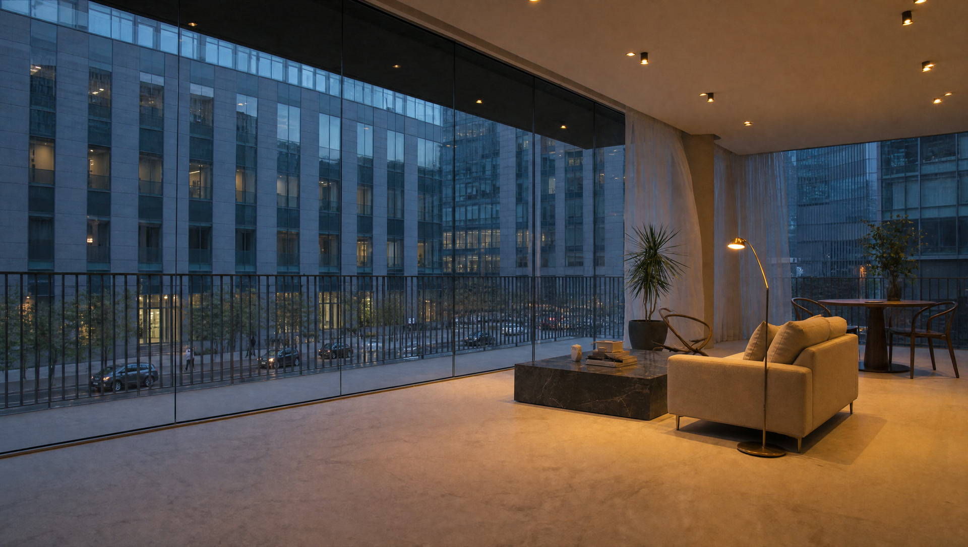 A two bedroom living space at plus fifty two, street life faintly visible below.