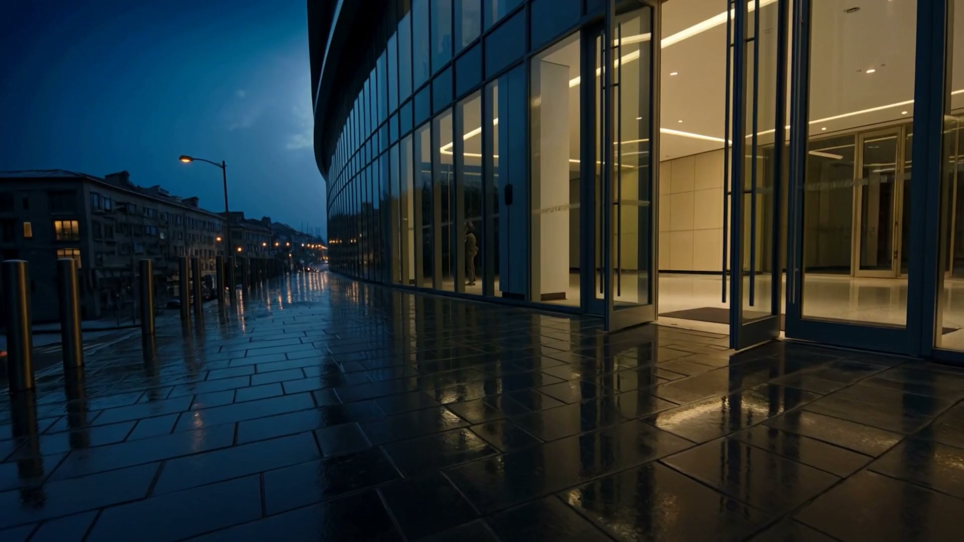 The lobby of Kestrel House at street level, glass doors standing open onto the lit city.