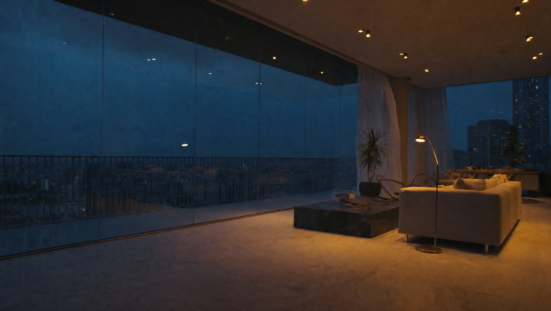 The living room at plus eighty eight in last light.