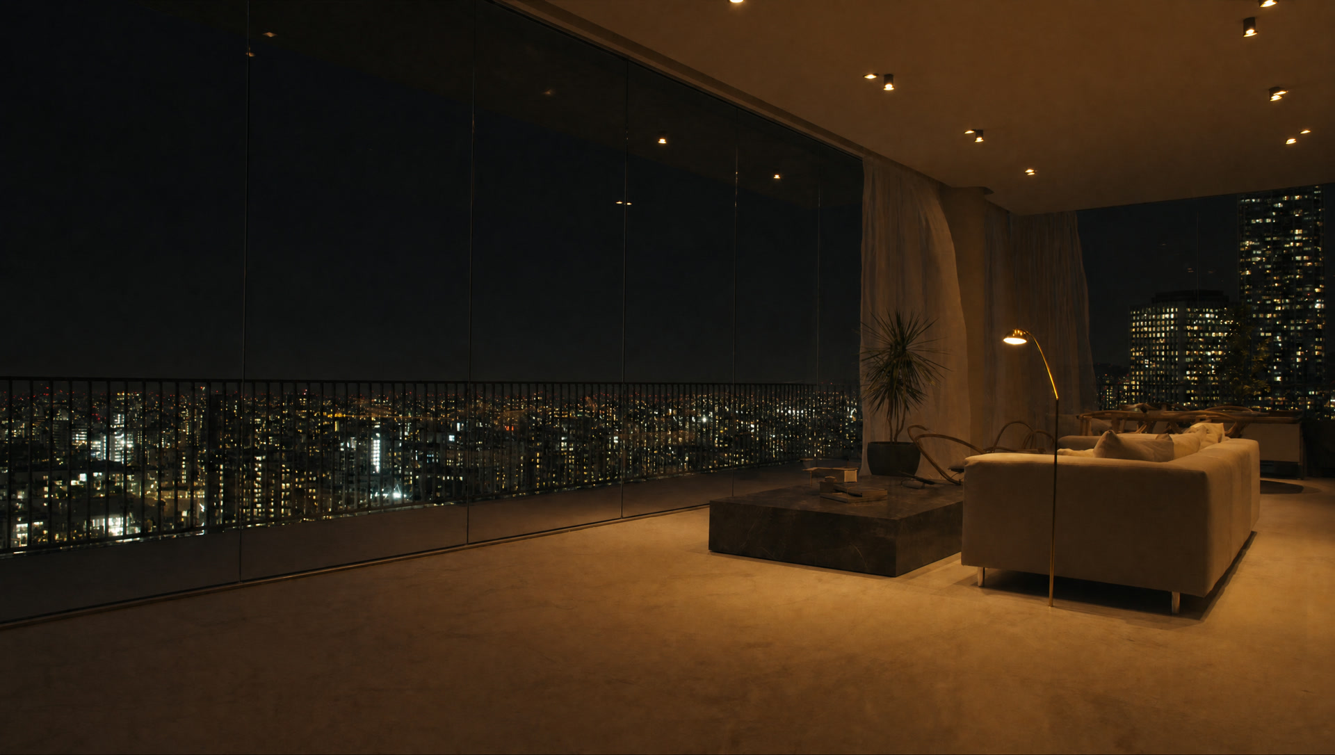 The living room at plus eighty eight at night with the city lit.